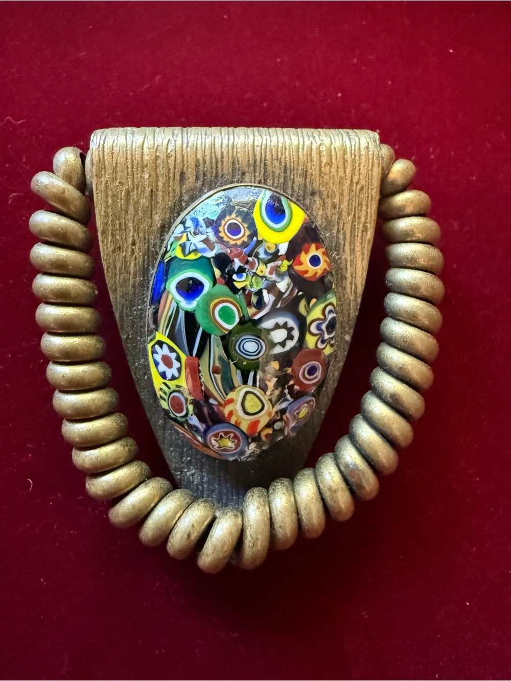 Colorful Millefiori Glass Statement Brooch with Gold-Tone Accents